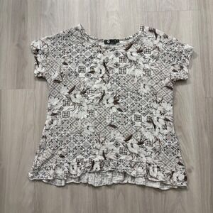 M Made in Italy Womens Tunic Top Floral Tile Print Ruffle Hem Short Sleeve M